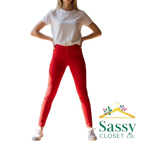 H&M Red Skinny Pants Stretch Cotton Blend Modern Pullon Waist Flat Front Sz 6 - Picture 1 of 8